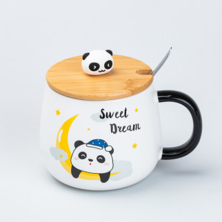 Чашка 450 мл з бамбуковою кришкою та ложкою керамічна Панда "Smeet Dream" - Інтернет-магазин спільних покупок ToGether