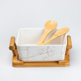 Блюдо для сервірування столу керамічне прямокутне з дерев'яними приладами та підставкою - Інтернет-магазин спільних покупок ToGether