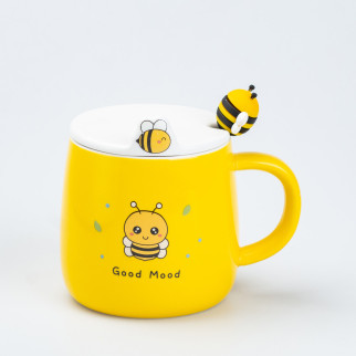 Чашка з кришкою та ложкою 450 мл керамічна "Бджілка" Жовта - Інтернет-магазин спільних покупок ToGether