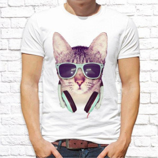 Чоловіча футболка Push IT з принтом Кіт в окулярах та навушниках M, Білий - Інтернет-магазин спільних покупок ToGether