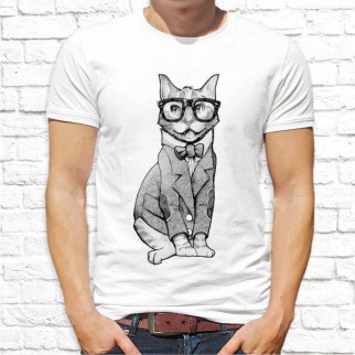 Чоловіча футболка з принтом Сірий Кіт в костюмі та в окулярах XL, Білий Push IT - Інтернет-магазин спільних покупок ToGether