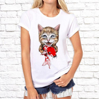 Жіноча футболка з принтом Кіт з рибкою S, Білий Push IT - Інтернет-магазин спільних покупок ToGether