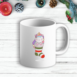 Білий кухоль (чашка) з новорічним принтом Єдиноріжка в носінні - Інтернет-магазин спільних покупок ToGether