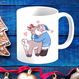 Білий кухоль (чашка) з новорічним принтом Дід Мороз обіймає Оленка - Інтернет-магазин спільних покупок ToGether