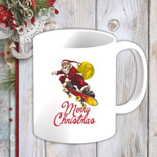 Білий кухоль (чашка) з новорічним принтом Дід Мороз на скейті "Merry Christmas" 2 - Інтернет-магазин спільних покупок ToGether