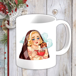 Білий кухоль (чашка) з новорічним принтом Мерилін Монро з чаєм та печивом - Інтернет-магазин спільних покупок ToGether