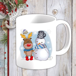 Білий кухоль (чашка) з новорічним принтом Сніговик та Олень - Інтернет-магазин спільних покупок ToGether