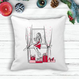 Подушка з новорічним принтом Дівчина біля вікна з подарунками - Інтернет-магазин спільних покупок ToGether