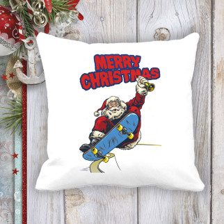 Подушка з новорічним принтом Дід Мороз на скейті "Merry Christmas" - Інтернет-магазин спільних покупок ToGether