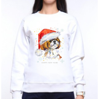 Жіночий світшот із оригінальним принтом Собака у новорічній шапці "Happy new year!" Push IT XS, Білий - Інтернет-магазин спільних покупок ToGether