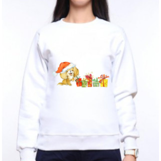 Жіночий світшот з оригінальним принтом Цуценя в новорічній шапці з подарунками Push IT S, Білий - Інтернет-магазин спільних покупок ToGether