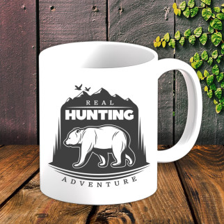 Білий кухоль (чашка) для мисливця з принтом Ведмідь "Real Hunting Adventure" - Інтернет-магазин спільних покупок ToGether