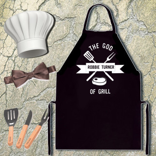 Фартух чорний кухонний з оригінальним принтом "The god of grill" - Інтернет-магазин спільних покупок ToGether