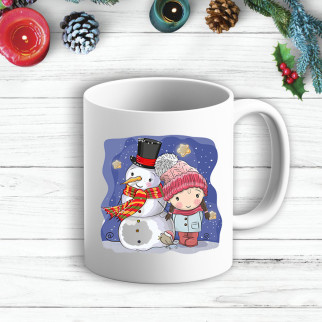 Білий кухоль (чашка) з новорічним принтом Дівчинка і сніговик - Інтернет-магазин спільних покупок ToGether
