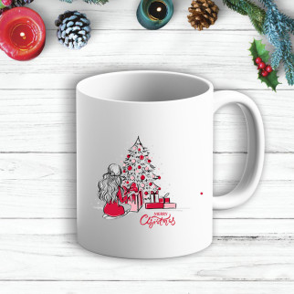 Білий кухоль (чашка) з новорічним принтом Дівчина біля ялинки з подарунками "Merry Cristmas" - Інтернет-магазин спільних покупок ToGether