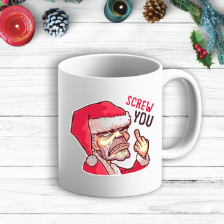 Білий кухоль (чашка) з новорічним принтом Дід Мороз "Screw you" - Інтернет-магазин спільних покупок ToGether