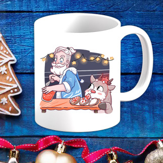 Білий кухоль (чашка) з новорічним принтом Дід мороз та Олень обідають - Інтернет-магазин спільних покупок ToGether