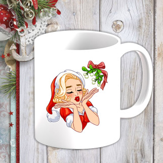 Білий кухоль (чашка) з новорічним принтом Мерилін Монро в новорічному костюмі та омела - Інтернет-магазин спільних покупок ToGether