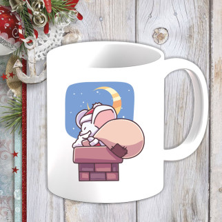 Білий кухоль (чашка) з новорічним принтом Мишеня з мішком біля димаря - Інтернет-магазин спільних покупок ToGether
