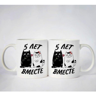Парні білі чашки з принтом "Коти: 5 років разом" - Інтернет-магазин спільних покупок ToGether