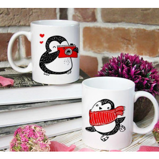 Парні білі чашки з принтом "Пінгвіни: Фотосесія" - Інтернет-магазин спільних покупок ToGether