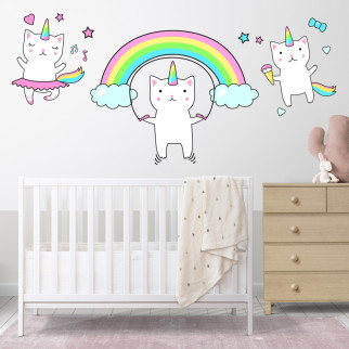 Набір наклейок на стіну в дитячу кімнату "Коти-однороги з веселкою" (3 елементи) з оракалу - Інтернет-магазин спільних покупок ToGether