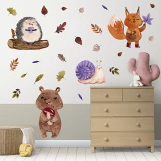 Вінілова інтер'єрна наклейка кольорова декор на стіну, шпалери та інші поверхні "Лісові звірі. Листя" з оракалу - Інтернет-магазин спільних покупок ToGether