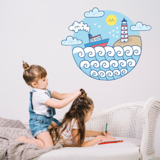 Вінілова інтер'єрна наклейка кольорова декор на стіну, шпалери та інші поверхні "Корабль на хвилях біля маяка" з оракалу - Інтернет-магазин спільних покупок ToGether