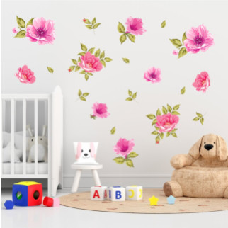 Вінілова інтер'єрна наклейка кольорова декор на стіну, шпалери та інші поверхні "Рожеві квіти з листям" з оракалу - Інтернет-магазин спільних покупок ToGether