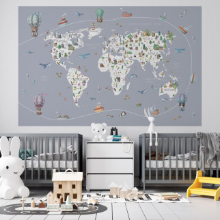 Вінілова інтер'єрна наклейка кольорова декор на стіну "Карта світу українською мовою з кораблями і повітряними кулями" з оракалу - Інтернет-магазин спільних покупок ToGether