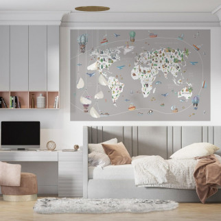 Вінілова інтер'єрна наклейка кольорова декор на стіну "Карта світу українською мовою з повітряними кулями" з оракалу - Інтернет-магазин спільних покупок ToGether