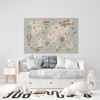 Вінілова інтер'єрна наклейка кольорова декор на стіну "Карта світу українською мовою з літаками і звірами" з оракалу - Інтернет-магазин спільних покупок ToGether