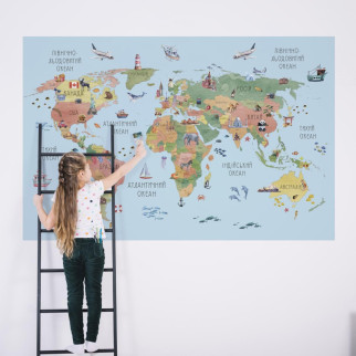 Вінілова інтер'єрна наклейка кольорова декор на стіну "Карта світу українською мовою на синьому тлі" з оракалу 150х98 - Інтернет-магазин спільних покупок ToGether