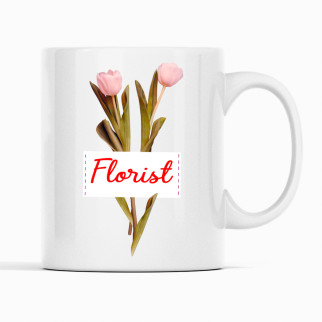 Біла чашка (кухоль) з оригінальним принтом "Florist. Флорист. Червоний напис. Тюльпани" - Інтернет-магазин спільних покупок ToGether