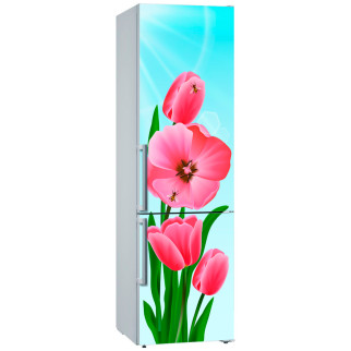 Вінілова кольорова декоративна наклейка на двері холодильника "Рожеві тюльпани на тлі неба" з оракалу 90х180 - Інтернет-магазин спільних покупок ToGether