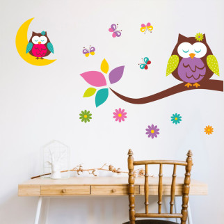 Вінілова інтер'єрна наклейка кольорова декор на стіну (шпалери та фарбу) "Сова на гілці. Совеня на місяці" з оракалу - Інтернет-магазин спільних покупок ToGether