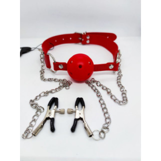Кляп DS Fetish Ball gag with nipple clamps red - Інтернет-магазин спільних покупок ToGether