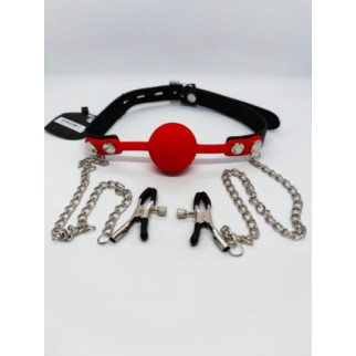 Кляп із затискачами на соски DS Fetish Locking gag with nipple clamps black/red - Інтернет-магазин спільних покупок ToGether