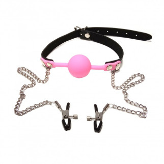 Кляп із затискачами на соски DS Fetish Locking gag with nipple clamps black/pink - Інтернет-магазин спільних покупок ToGether