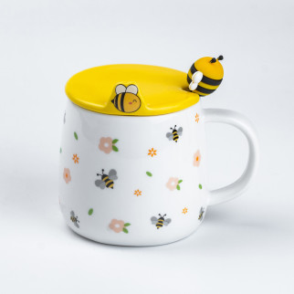 Чашка з кришкою та ложкою 450 мл керамічна "Бджілка" із зеленою крапкою - Інтернет-магазин спільних покупок ToGether