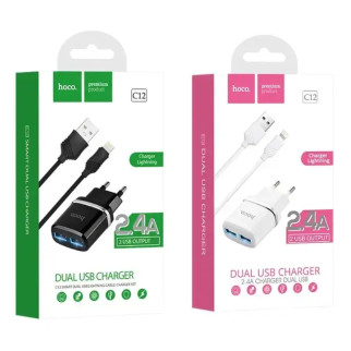 СЗУ адаптер 220V HOCO C12 2USB Smart + кабель iPhone 2.4A - Інтернет-магазин спільних покупок ToGether