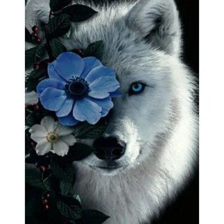 Алмазна мозаїка Білий вовк у квітках 35х45см круглі каміння-стрази, без підрамника, 4 рейки, ТМ Стратег, Україна - Інтернет-магазин спільних покупок ToGether
