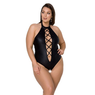 Боді з екошкіри Passion NANCY BODY 4XL/5XL black, з імітацією шнурівки та відкритим доступом - Інтернет-магазин спільних покупок ToGether