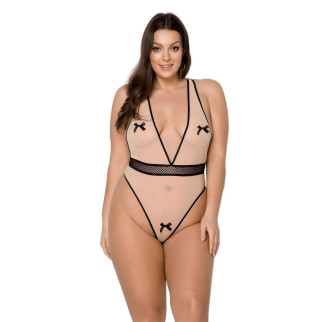 Боді Passion VIENA BODY 6XL/7XL, beige, контрастне, бантики, вставка-сітка, відкриті сідниці - Інтернет-магазин спільних покупок ToGether