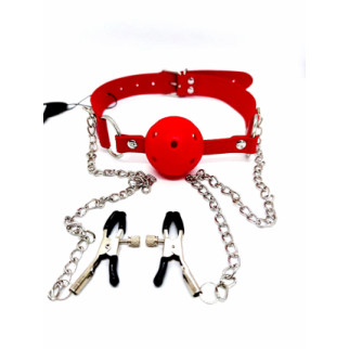 Кляп DS Fetish Ball gag with nipple clamps red - Інтернет-магазин спільних покупок ToGether