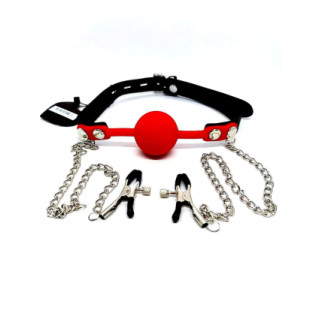 Кляп із затискачами на соски DS Fetish Locking gag with nipple clamps black/red - Інтернет-магазин спільних покупок ToGether