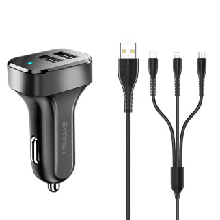 АЗП Usams C13 2.1A Dual USB + U35 3IN1 Charging Cable (1m) Чорний - Інтернет-магазин спільних покупок ToGether