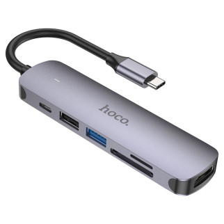 Перехідник Hoco HB28 Multi-function 6in1 (Type-C to HDTV+USB3.0+USB2.0+SD+TF+PD) Metal gray - Інтернет-магазин спільних покупок ToGether