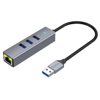 Перехідник HUB Hoco HB34 Easy link USB Gigabit Ethernet adapter (USB to USB3.0*3+RJ45) Metal gray - Інтернет-магазин спільних покупок ToGether