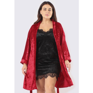Жіночий комплект велюровий для дому великі розміри халат+пеньюар червоний/чорний - Інтернет-магазин спільних покупок ToGether